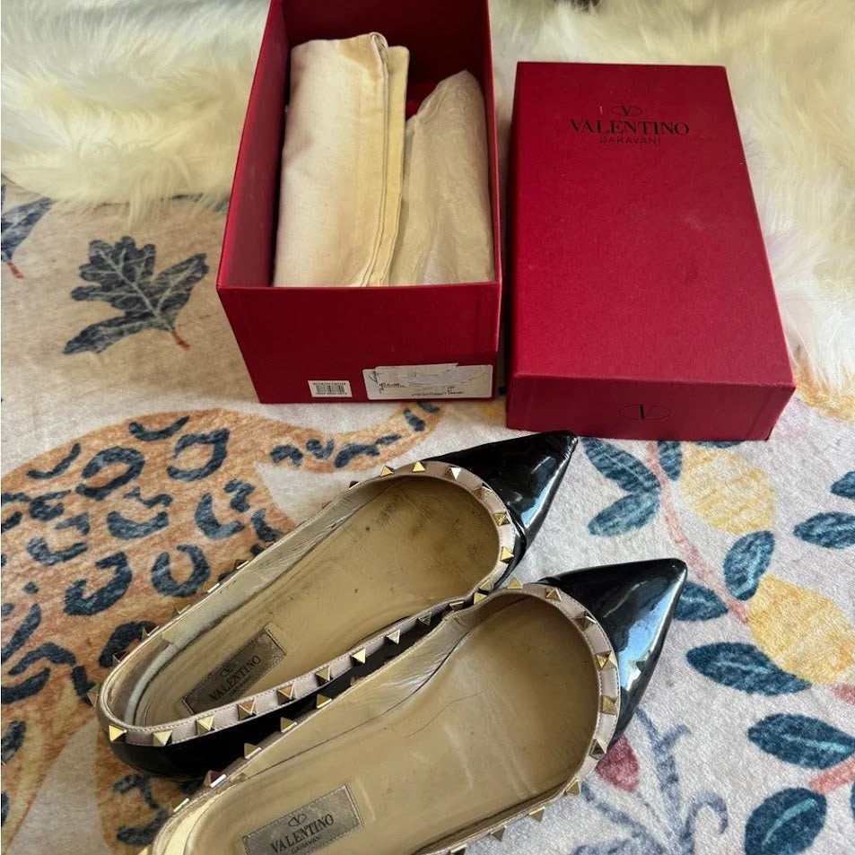 Well Worn Authentic Valentino Garavani Black Noir Rockstud ballerina leather Flats
